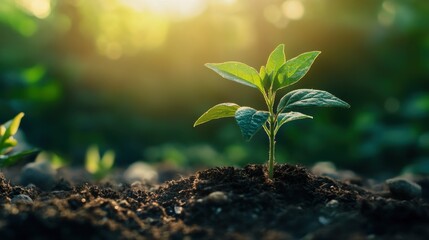 A vibrant green plant emerges from rich dark soil, illuminated by gentle sunlight. This serene moment captures the essence of new life and growth in a garden environment.
