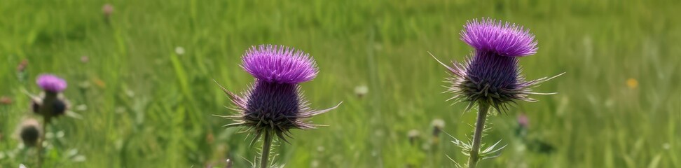 A vibrant purple thistle bursts forth amidst green field grasses , outdoor, garden