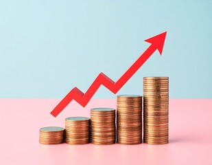 Financial Growth Increasing Coin Stacks and Red Upward Arrow