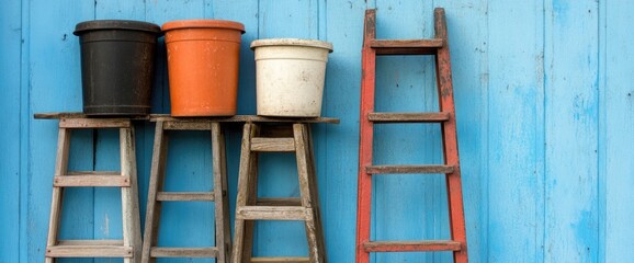 Pots on stools with red ladder against a blue wall simple still life