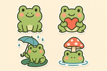 Fototapeta premium Cute Cartoon Frog Sticker Set with Heart, Umbrella, and Mushroom Elements 