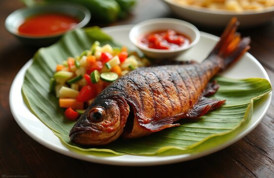 Grilled gurami fish with red barbecue sauce served on banana leaves. Garnished fresh vegetable salad. Tasty dish for lunch or dinner. Indonesian asian cuisine. Delicious food.