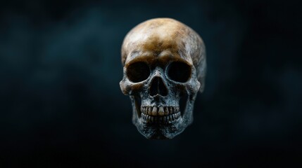 A skull is shown in a dark background