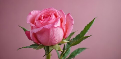 Fototapeta premium A tightly furled pink rosebud on a vibrant green stem , petals, delicate, nature
