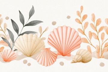 Watercolor illustration of various seashells and delicate leaves arranged harmoniously, showcasing natural beauty and coastal elements in a soft, pastel color palette