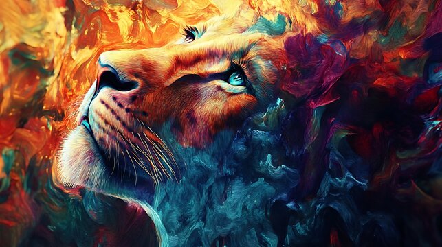 Majestic lion with fiery eyes and powerful gaze under dramatic lighting photo
