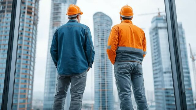 An architect and a construction worker are discussing the project's realisation while standing close to a window at a future business centre.