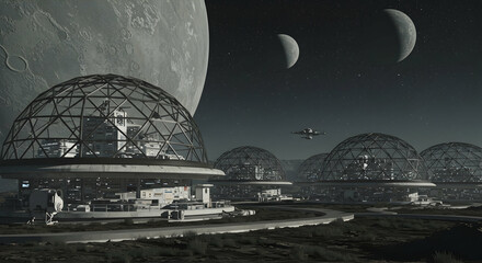 Obraz premium Futuristic Cityscape with Domes and Planets in Outer Space