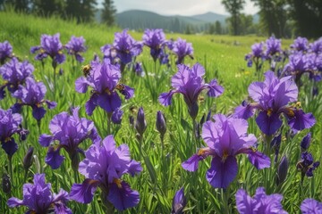 Busy bees gather nectar from vibrant purple irises in a lush green meadow , nectar, meadow