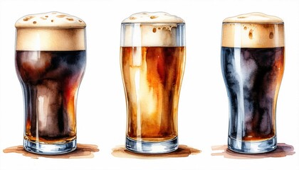 Three glasses of dark beer with foam head. Watercolor illustration of stout and porter beer in different pint glasses isolated on white background. Alcoholic beverage variety.  
