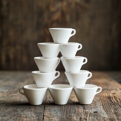 Stacked white coffee cups in a triangle shape on a wooden table