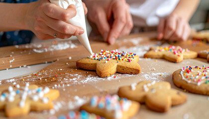 Sweet Creations: Focus on hands decorating gingerbread cookies with colorful sprinkles, capturing the festive spirit of baking and culinary artistry. 