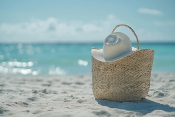 Summer vacation - accessories in bag on tropical beach with out of focus ocean. illustration.