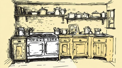 Fototapeta premium Hand drawn vintage style kitchen with an aga, wooden cupboards and plenty of shelving