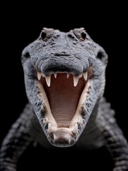 Obraz premium Crocodilian Close Up - A detailed close-up of a crocodile's open jaws, showcasing its sharp teeth against a black background