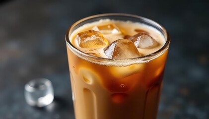 Iced coffee in glass, condensation, ice cubes, beverage photography, cold brew