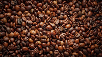 Fototapeta premium Rich Texture Of Roasted Coffee Beans Full Frame Background Overhead Shot Revealing Aromatic Dark Brown Coffee Grains Perfect For Coffee Shop Food And Beverage Related Projects