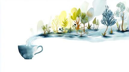 Creative watercolor landscape flowing from a teacup