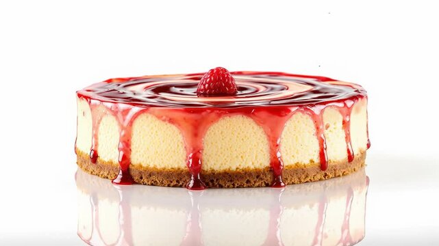 Delicious cheesecake topped with raspberry sauce and fresh berry on a white background