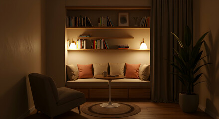 Cozy and Inviting Reading Nook with Soft Lighting and Warm Accents
