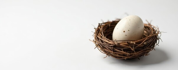 Obraz premium Single speckled egg nestled in a woven straw bird's nest, serene spring scene on white background, growth, wildlife, closeup