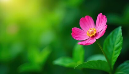 Fototapeta premium Solitary pink flower blooming amidst green foliage , vibrant, plant, background
