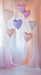 A room with a white curtain and a bunch of balloons in the middle
