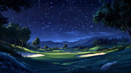 Nighttime golf course under starry sky with glowing lights and serene atmosphere photo