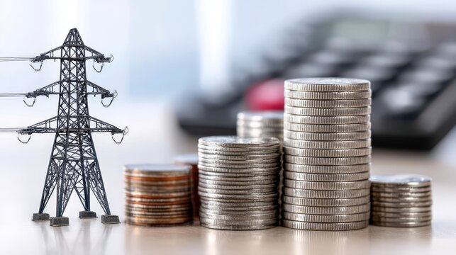 Electricity Cost and Savings - Stacks of coins represent increasing energy costs, alongside a miniature electricity pylon. depicts financial implications of energy consumption