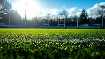 A vibrant green sports field awaits, bathed in morning light and potential