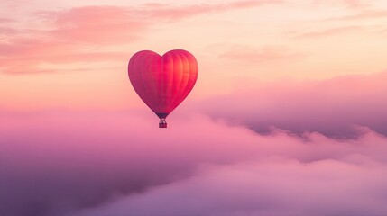 A red hot air balloon with a heart on it is flying through a cloudy sky