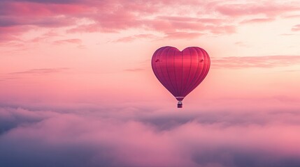 Obraz premium A red hot air balloon with a heart on it is flying in the sky