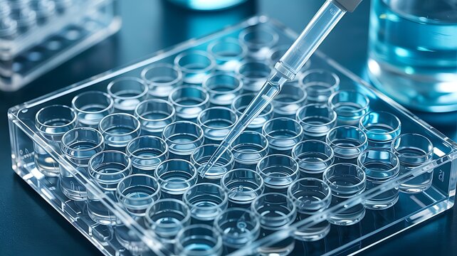 Scientific Research Pipette Dropping Liquid Into Multiwell Plate For Experimentation