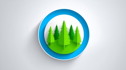 Evergreen Forest Circle Icon - Green paper- trees on a green hill inside a blue circle. Eco-friendly design