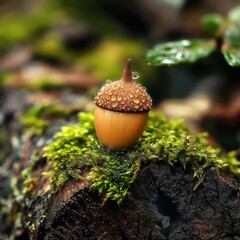 September Natures Detail Macro acorn on mossy log morning dew details square shallow depth of field earthy textures Image