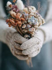 Wool Gloves Gently Hold a Beautiful Dried Flower Bouquet in a Cozy Indoor Setting During Autumn Generative AI