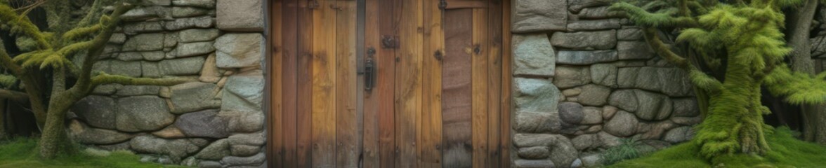 Obraz premium Ancient moss-covered stone structure, wooden door, tranquil forest , woodland, ancient