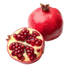 A fresh pomegranate, split in half, revealing its juicy red seeds. This close-up shot showcases the fruit's vibrant color and enticing texture. 