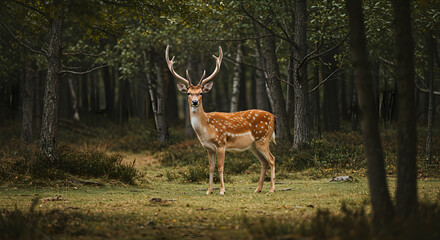 Obraz premium Majestic Deer Standing in Serene Forest Amidst Lush Greenery