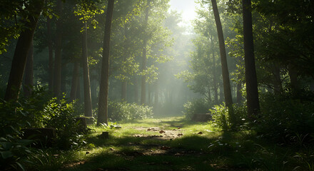 Fototapeta premium Serene Forest Pathway with Soft Light Filtering Through Trees