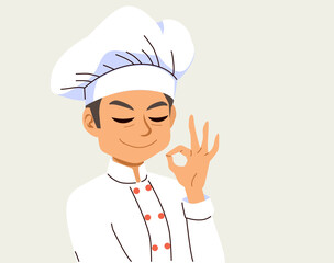 Cartoon illustration of a proud male chef making a victory hand gesture. Vector drawing for culinary success, kitchen culture, and joyful expression