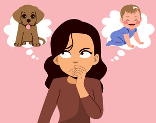 Cartoon illustration of a woman deciding between adopting a child or a dog. Symbolizes life choices, love, parenting and emotional decisions