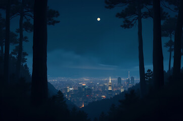 Naklejka premium Night landscape of a metropolis city with the moon futuristic cityscape glowing holographic floating.generative ai