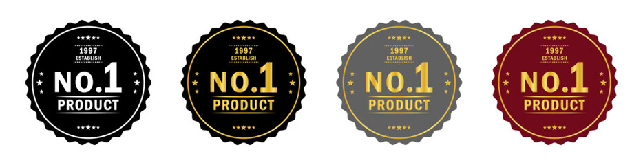 Set of 4 premium No.1 product badges with vintage style. Includes black, gold, silver, and red color schemes. Ideal for branding, labels, or quality assurance designs. No 1 product, vector, icons.