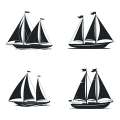 Collection of Four Classic Sailboat Silhouettes Black and White Vector Illustrations