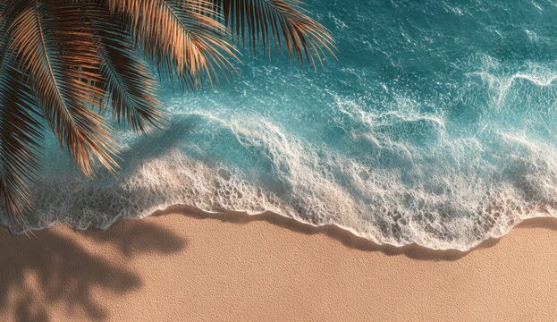 Palm leaves frame a tranquil beach scene. Turquoise water meets soft sand. Summer vibes.