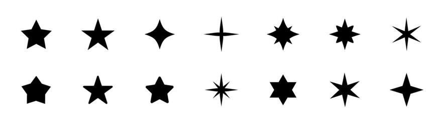 Stars icon collection. Different star shapes. Black stars icon set.  Sparkle star icon set. Vector illustration