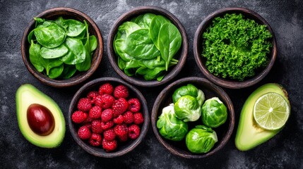 Healthy Green and Red Foods Assortment - A vibrant collection of healthy foods including spinach, kale, raspberries, brussels sprouts, avocado, and lime. Perfect for a health-conscious lifestyle