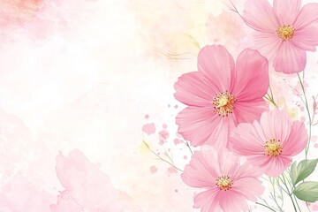 Fototapeta premium Delicate pink cosmos flowers on a soft watercolor background.