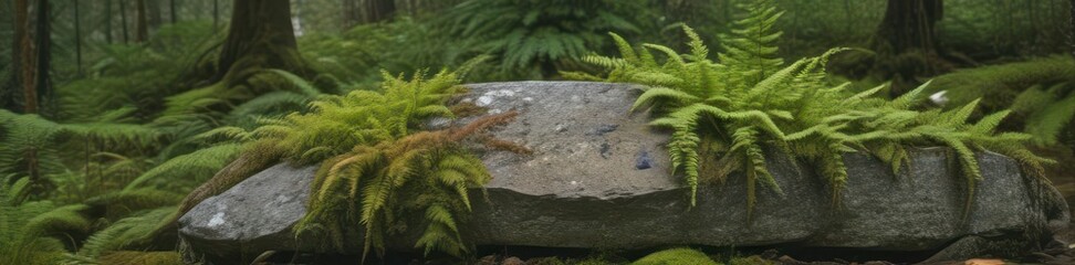 Naklejka premium Ancient granite slab, moss-covered, ferns nearby , plant, texture, rough